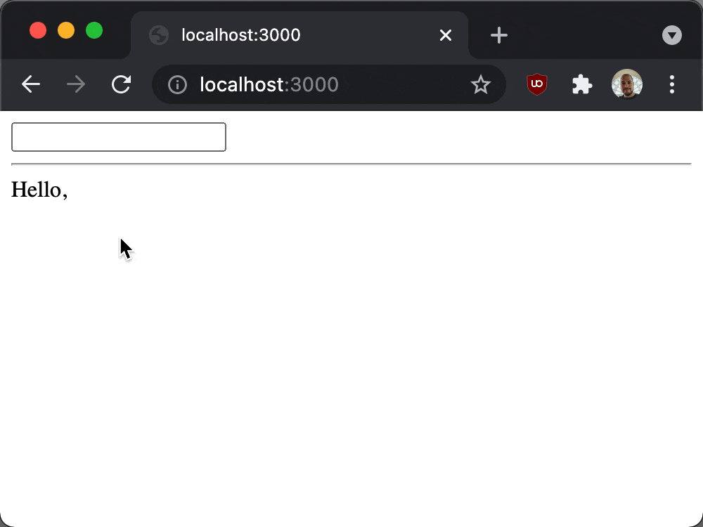 Browser window where typing into a text input live-updates a "Hello, " message on the page